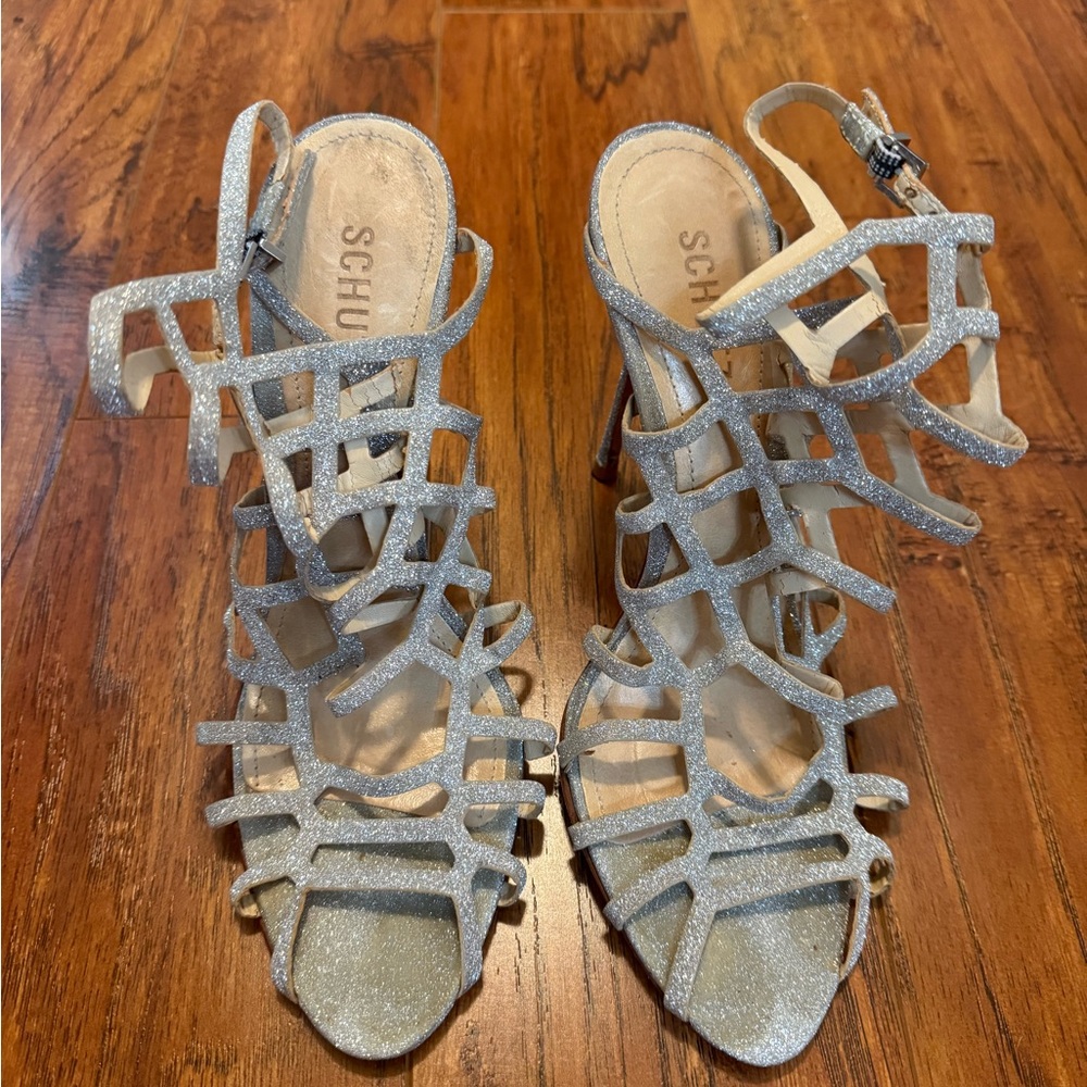 SCHUTZ Glittery Silver Cage Heels